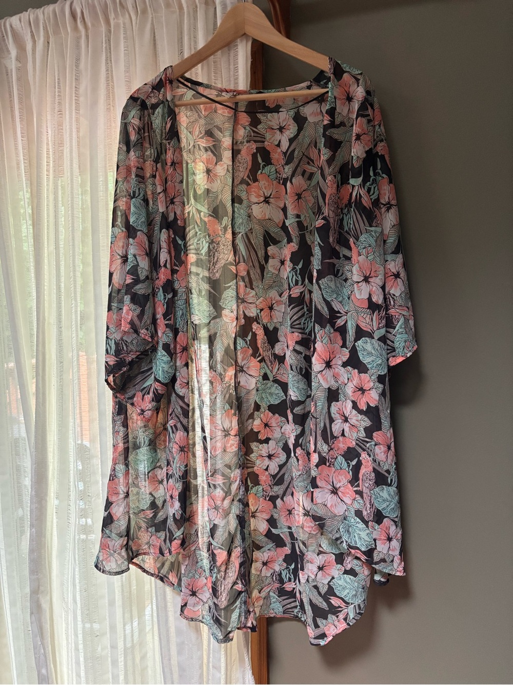 Mudd Black Sheer Floral Kimono with Pink and Mint Flowers